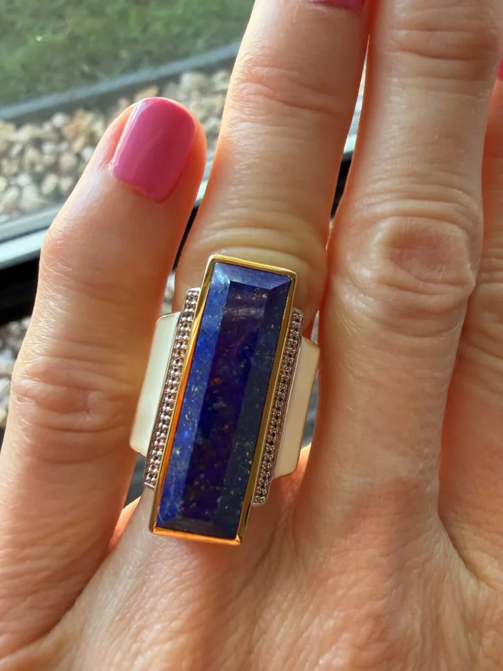 NIB WOW Art Deco Lapis & White Topaz Enamel in 18kt Gold Over Sterling - 5 -5.25